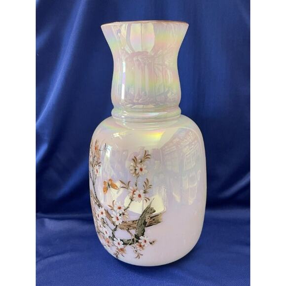 White Pearlized Porcelain Vase with Hand Painted Blossoms and Butterflies - Picture 2 of 8